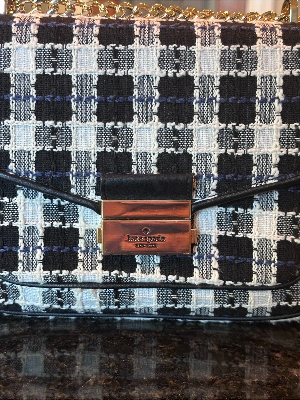 kate spade Black and White Check Tweed Tweed Shoulder Bag with Gold Hardware